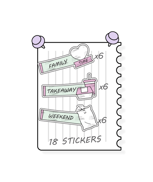 Minty blush, planner stickers offer a diverse range for personal planning, featuring options for prioritizing quality family moments and activities with family time stickers, convenient meal planning and takeout nights with takeaway stickers, and planning and enjoying leisurely weekends with dedicated weekend planner stickers.