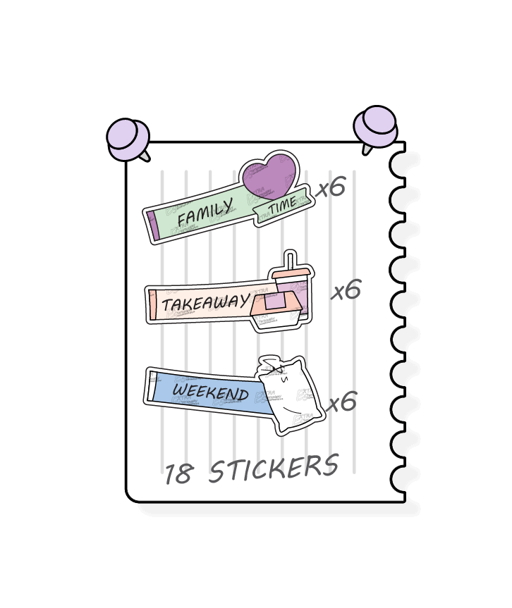  Multicolored planner stickers offer a diverse range for personal planning, featuring options for prioritizing quality family moments and activities with family time stickers, convenient meal planning and takeout nights with takeaway stickers, and planning and enjoying leisurely weekends with dedicated weekend planner stickers.