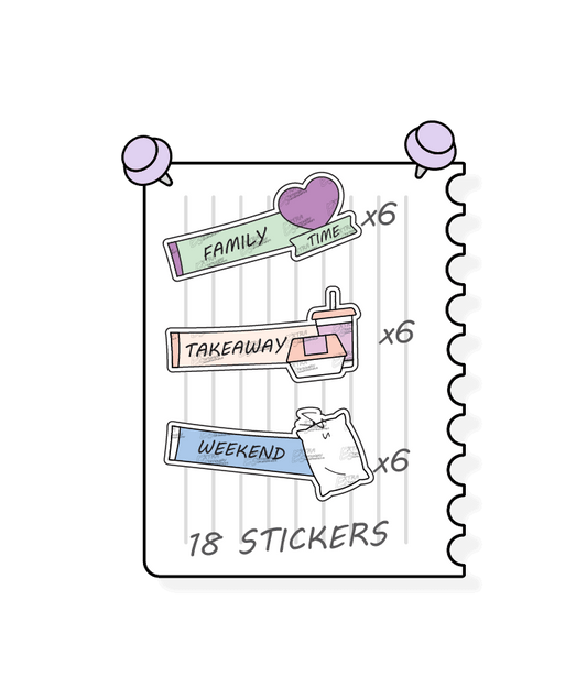  Multicolored planner stickers offer a diverse range for personal planning, featuring options for prioritizing quality family moments and activities with family time stickers, convenient meal planning and takeout nights with takeaway stickers, and planning and enjoying leisurely weekends with dedicated weekend planner stickers.