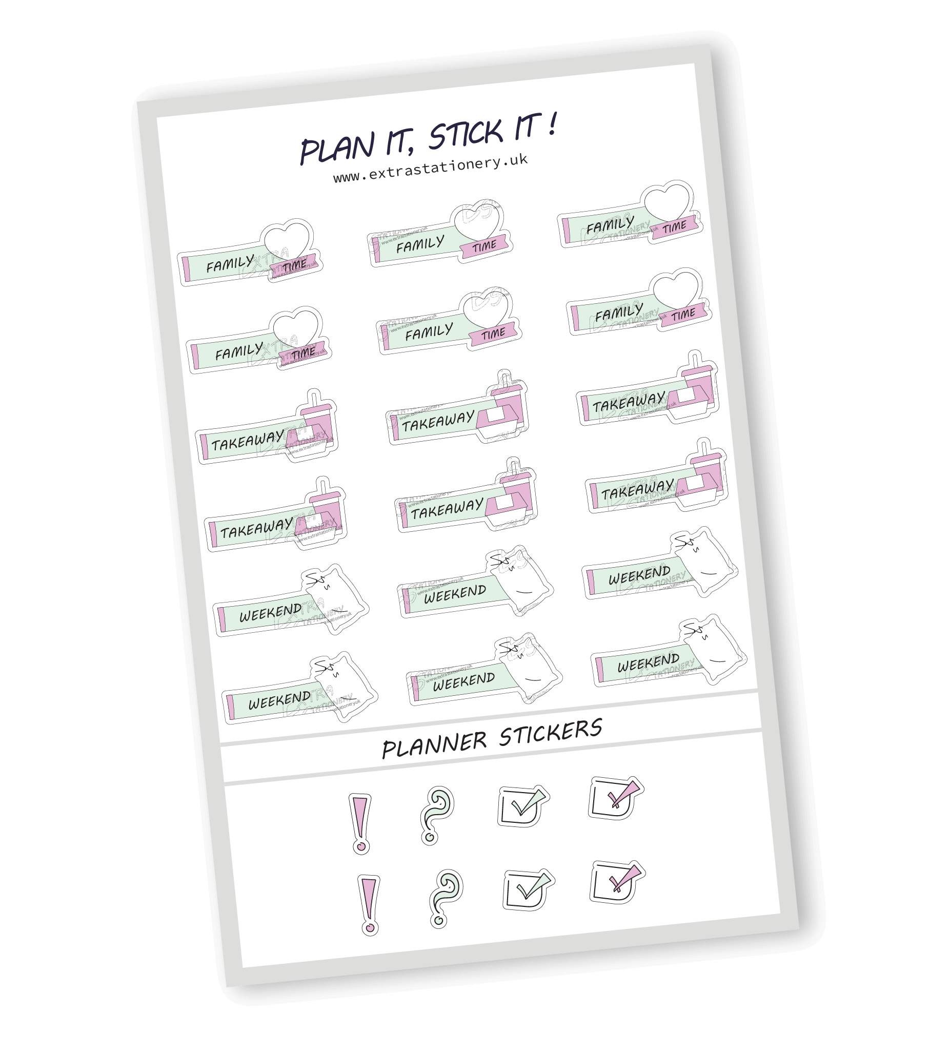 Minty Blush color, Family and weekend planner sticker sheet with family time, takeaway, and weekend stickers  18 stickers in total (6 of each type)