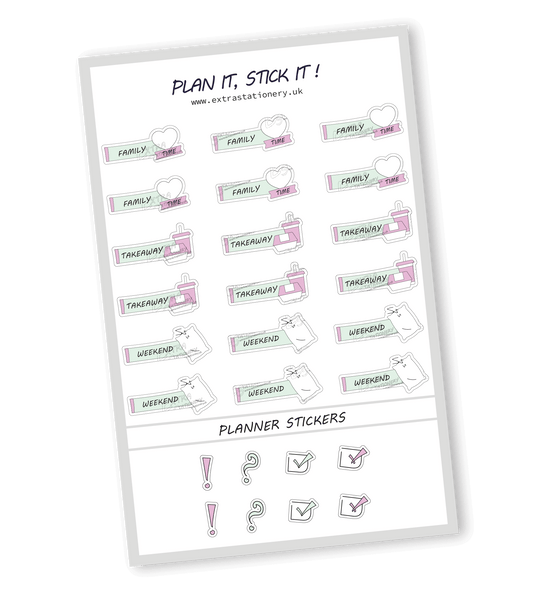 Minty Blush color, Family and weekend planner sticker sheet with family time, takeaway, and weekend stickers  18 stickers in total (6 of each type)