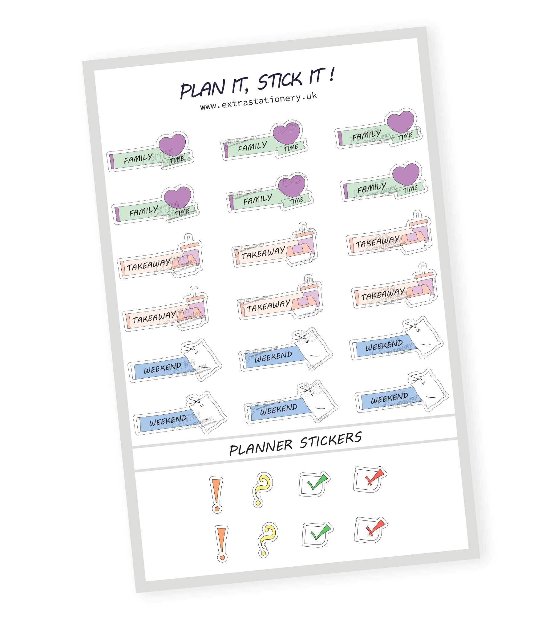 Family and weekend planner sticker sheet with family time, takeaway, and weekend stickers - 18 stickers in total (6 of each type)