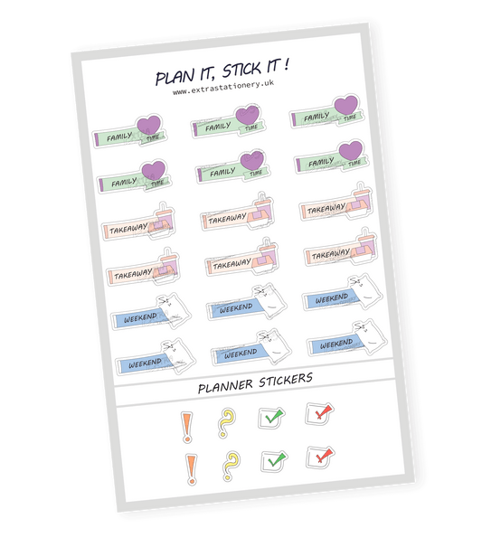 Family and weekend planner sticker sheet with family time, takeaway, and weekend stickers - 18 stickers in total (6 of each type)