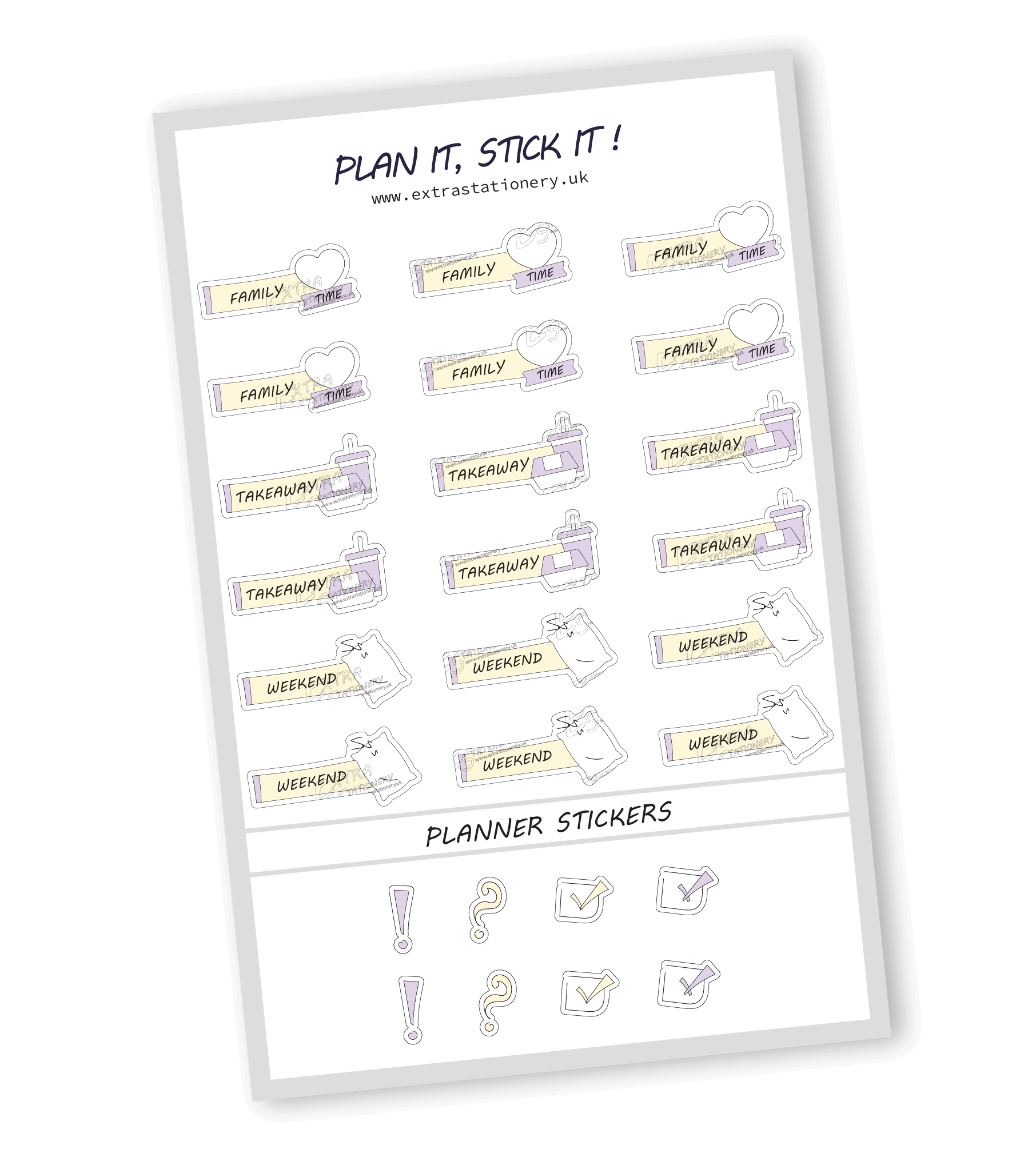 Sunshine Lilac color, Family and weekend planner sticker sheet with family time, takeaway, and weekend stickers  18 stickers in total (6 of each type)