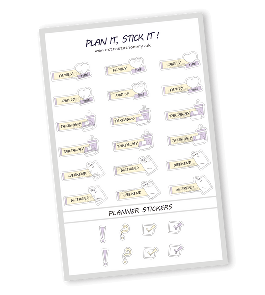 Sunshine Lilac color, Family and weekend planner sticker sheet with family time, takeaway, and weekend stickers  18 stickers in total (6 of each type)