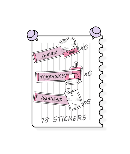 Rose fusion planner stickers offer a diverse range for personal planning, featuring options for prioritizing quality family moments and activities with family time stickers, convenient meal planning and takeout nights with takeaway stickers, and planning and enjoying leisurely weekends with dedicated weekend planner stickers.