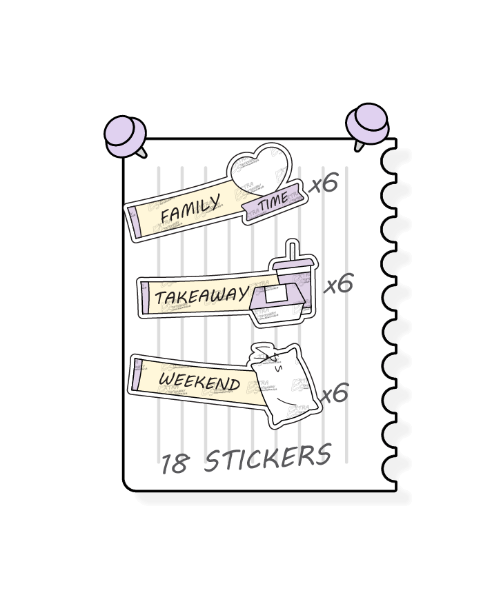 Sunshine lilac, planner stickers offer a diverse range for personal planning, featuring options for prioritizing quality family moments and activities with family time stickers, convenient meal planning and takeout nights with takeaway stickers, and planning and enjoying leisurely weekends with dedicated weekend planner stickers.