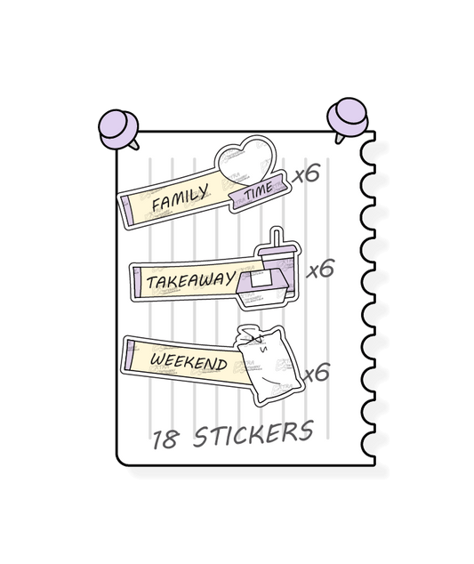 Sunshine lilac, planner stickers offer a diverse range for personal planning, featuring options for prioritizing quality family moments and activities with family time stickers, convenient meal planning and takeout nights with takeaway stickers, and planning and enjoying leisurely weekends with dedicated weekend planner stickers.