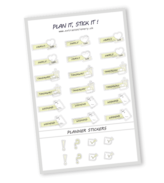 Lime Radiance color, Family and weekend planner sticker sheet with family time, takeaway, and weekend stickers - 18 stickers in total (6 of each type)