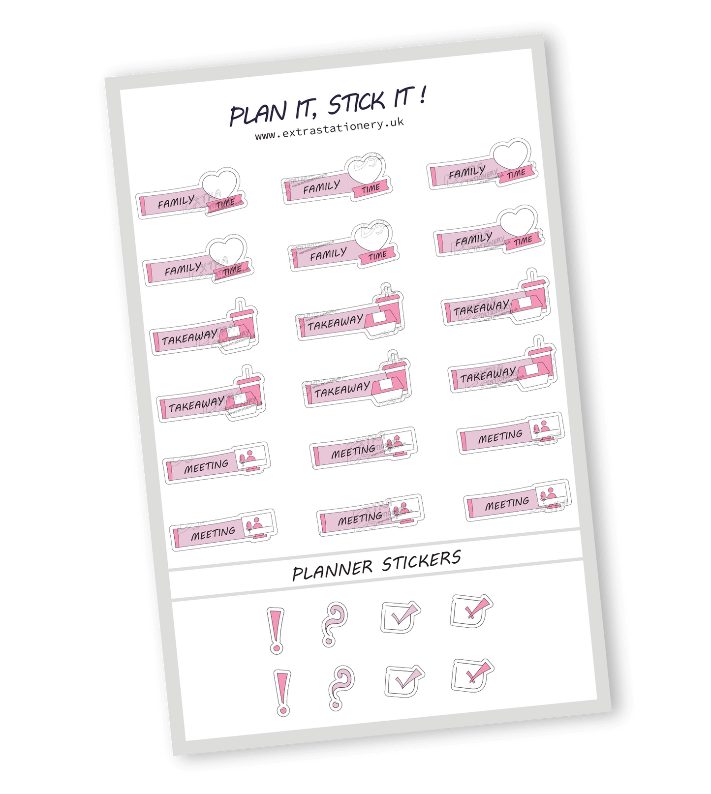 Rose Fusion color, Family and weekend planner sticker sheet with family time, takeaway, and weekend stickers - 18 stickers in total (6 of each type)