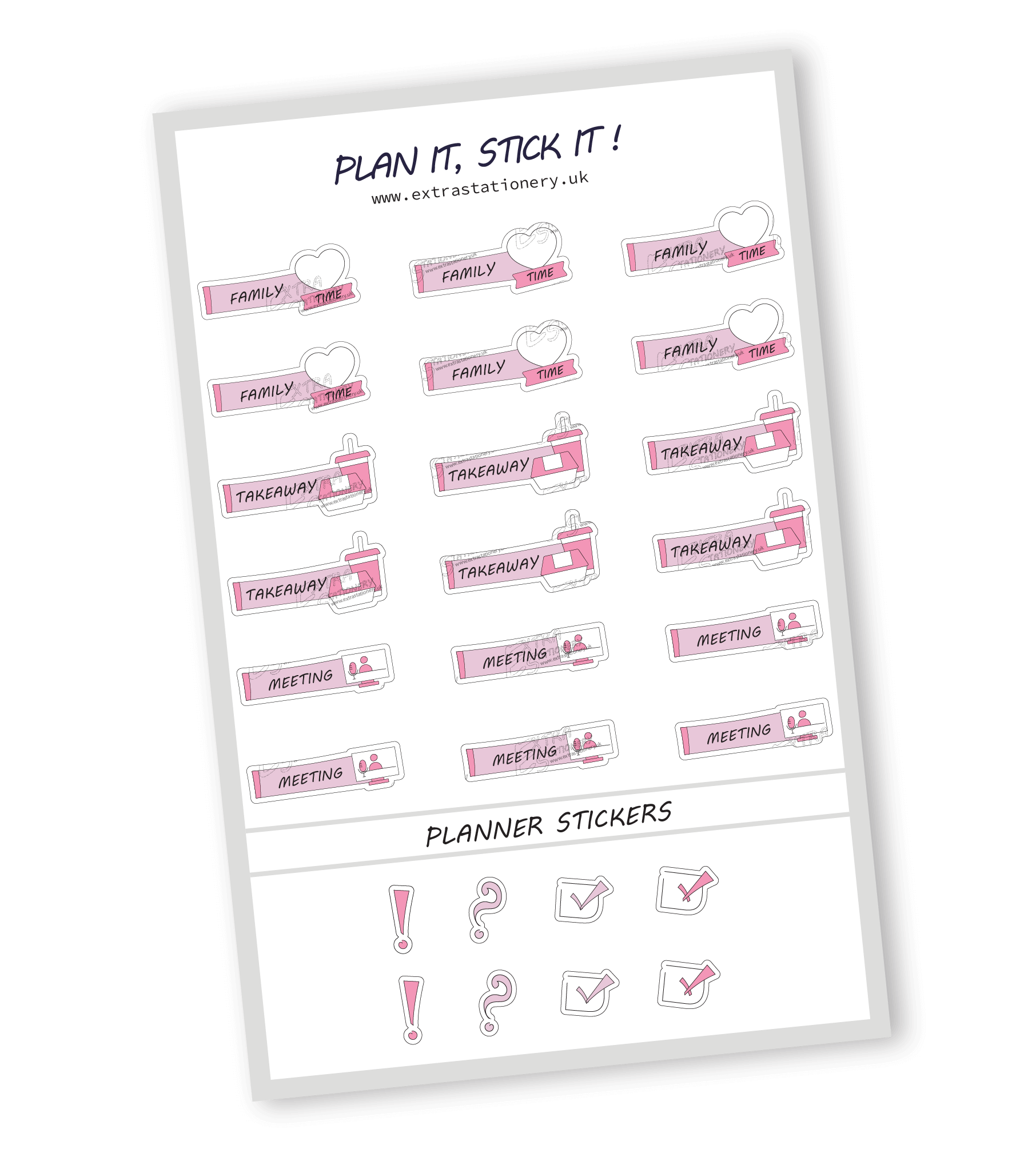 Rose Fusion color, Family and weekend planner sticker sheet with family time, takeaway, and weekend stickers - 18 stickers in total (6 of each type)