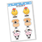 Colorful and joyful sticker collection featuring nine farm animals: pig, cat, cow, goat, dog, sheep, chicken, duck, rabbit, each with unique playful expressions and cute designs.