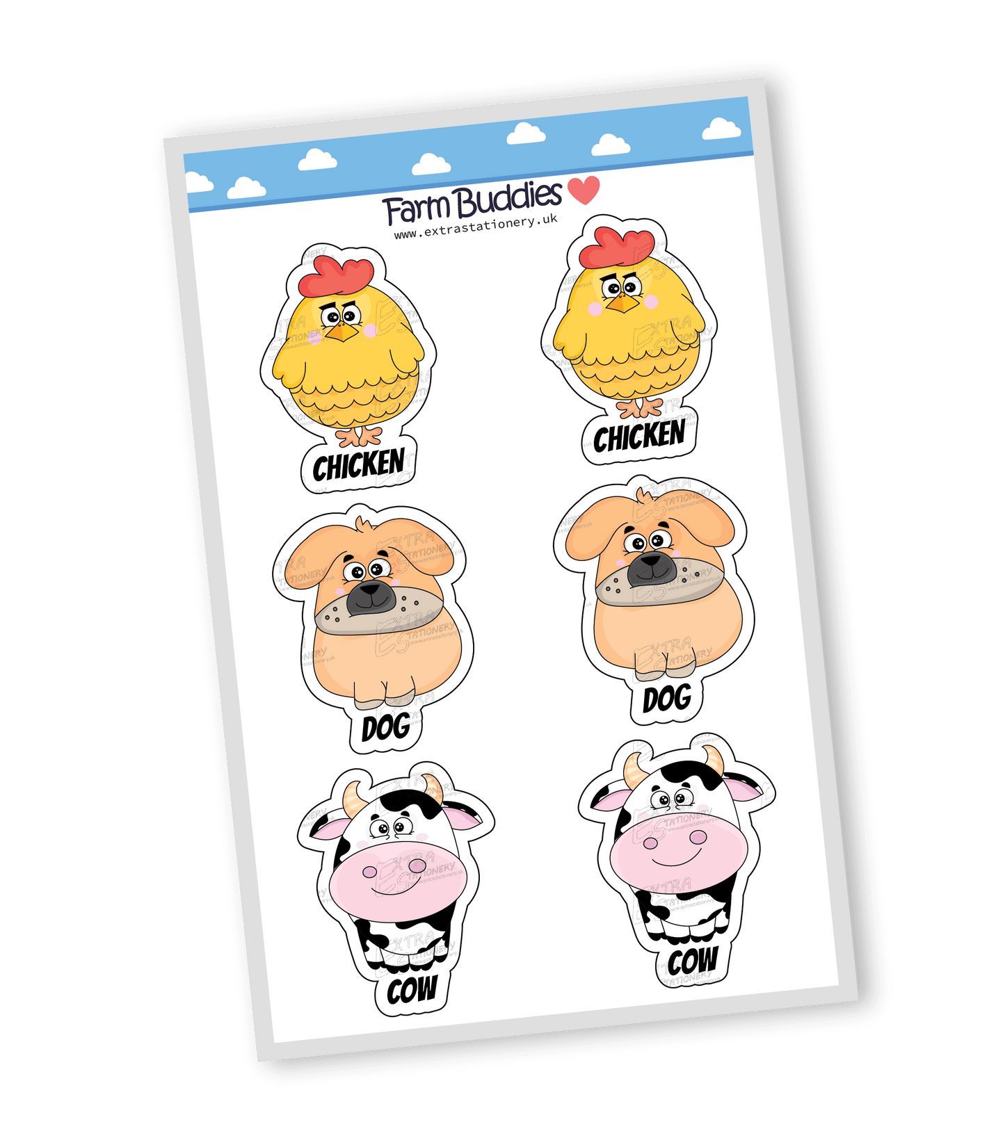 Colorful and joyful sticker collection featuring nine farm animals: pig, cat, cow, goat, dog, sheep, chicken, duck, rabbit, each with unique playful expressions and cute designs.