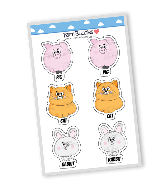 Colorful and joyful sticker collection featuring nine farm animals: pig, cat, cow, goat, dog, sheep, chicken, duck, rabbit, each with unique playful expressions and cute designs.