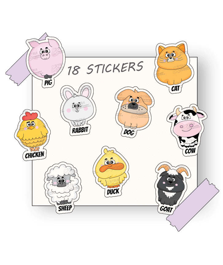 Colorful and joyful sticker collection featuring nine farm animals: pig, cat, cow, goat, dog, sheep, chicken, duck, rabbit, each with unique playful expressions and cute designs.