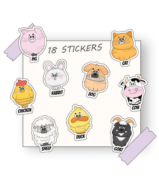 Colorful and joyful sticker collection featuring nine farm animals: pig, cat, cow, goat, dog, sheep, chicken, duck, rabbit, each with unique playful expressions and cute designs.