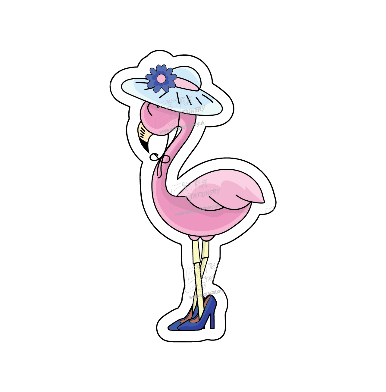 A sticker of a fashionable flamingo wearing a cute hat with a flower and chic high heels, symbolizing elegance and whimsy.