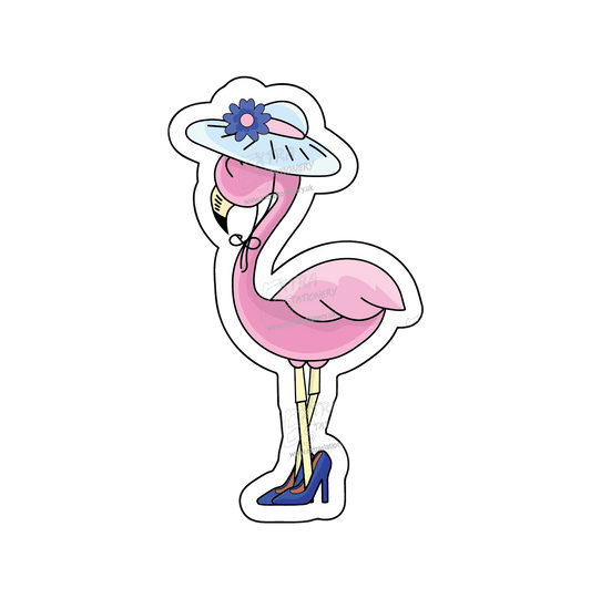 A sticker of a fashionable flamingo wearing a cute hat with a flower and chic high heels, symbolizing elegance and whimsy.