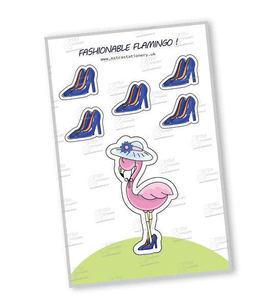 A sticker of a fashionable flamingo wearing a cute hat with a flower and chic high heels, symbolizing elegance and whimsy.