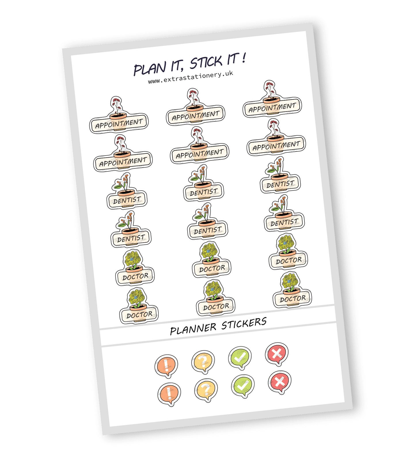 Health appointment planner sticker sheet with appointment, dentist, and doctor stickers - 18 stickers in total (6 of each type)