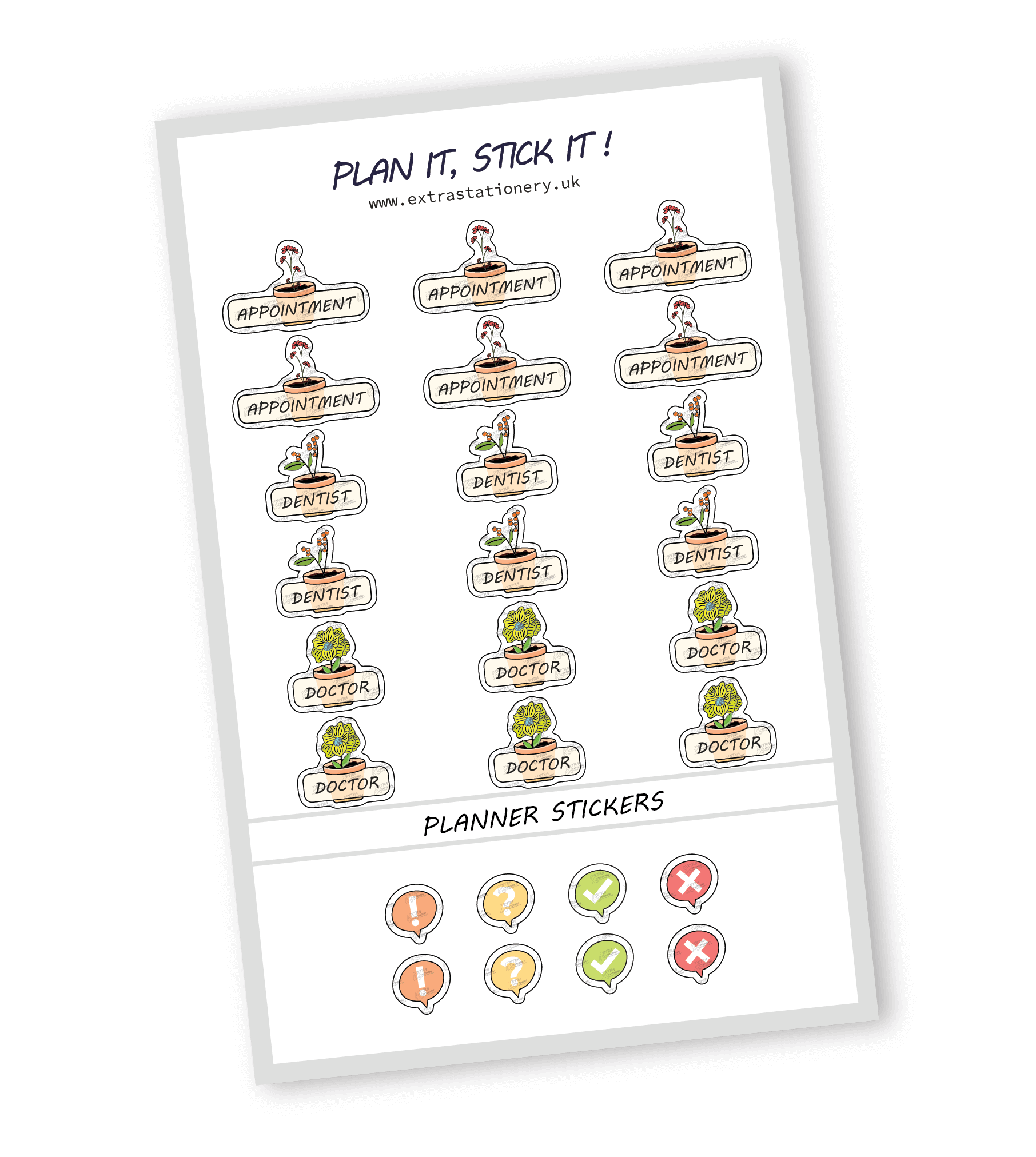 Health appointment planner sticker sheet with appointment, dentist, and doctor stickers - 18 stickers in total (6 of each type)