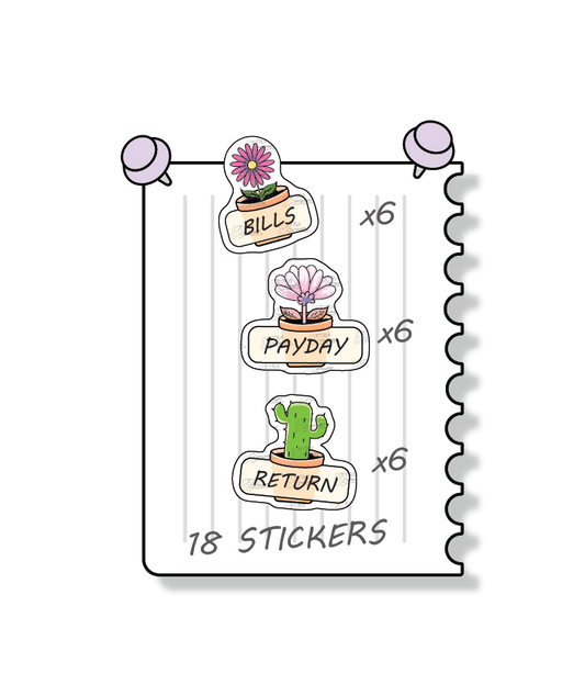 Flowers planner stickers designed for comprehensive financial management, including tracking bills and expenses, monitoring income and payday earnings, and facilitating efficient money management through refund and return planning.