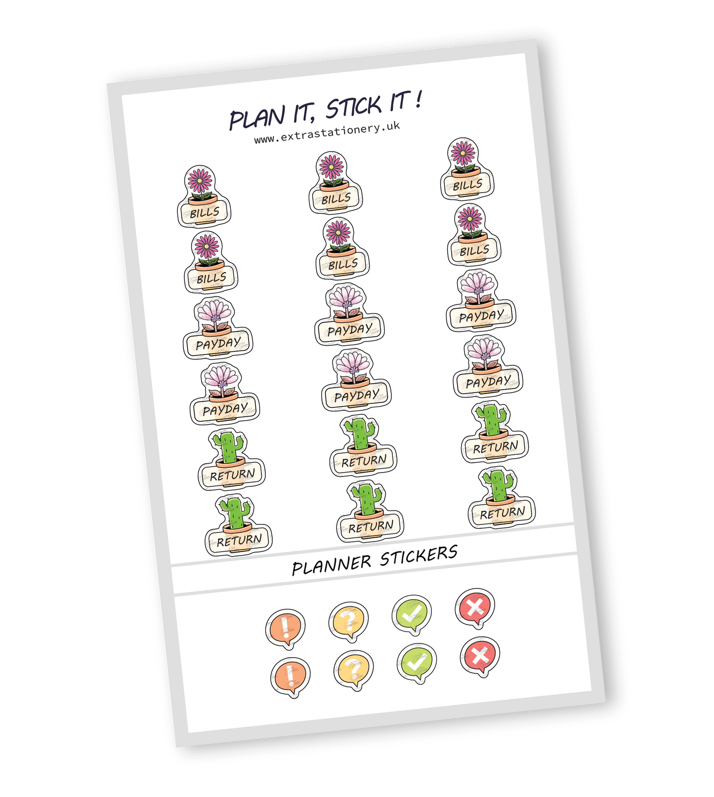 Finance planner sticker sheet with bills, payday, and return stickers - 18 stickers in total (6 of each type)