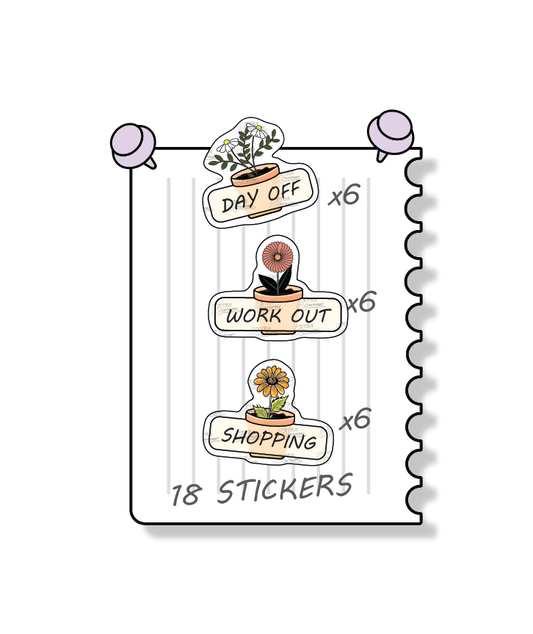 Flowers planner stickers cater to personal well-being and lifestyle organization, with stickers for scheduling relaxation and leisure on days off, tracking fitness and exercise routines with workout stickers, and efficiently planning and organizing shopping lists and trips with dedicated shopping planner stickers.