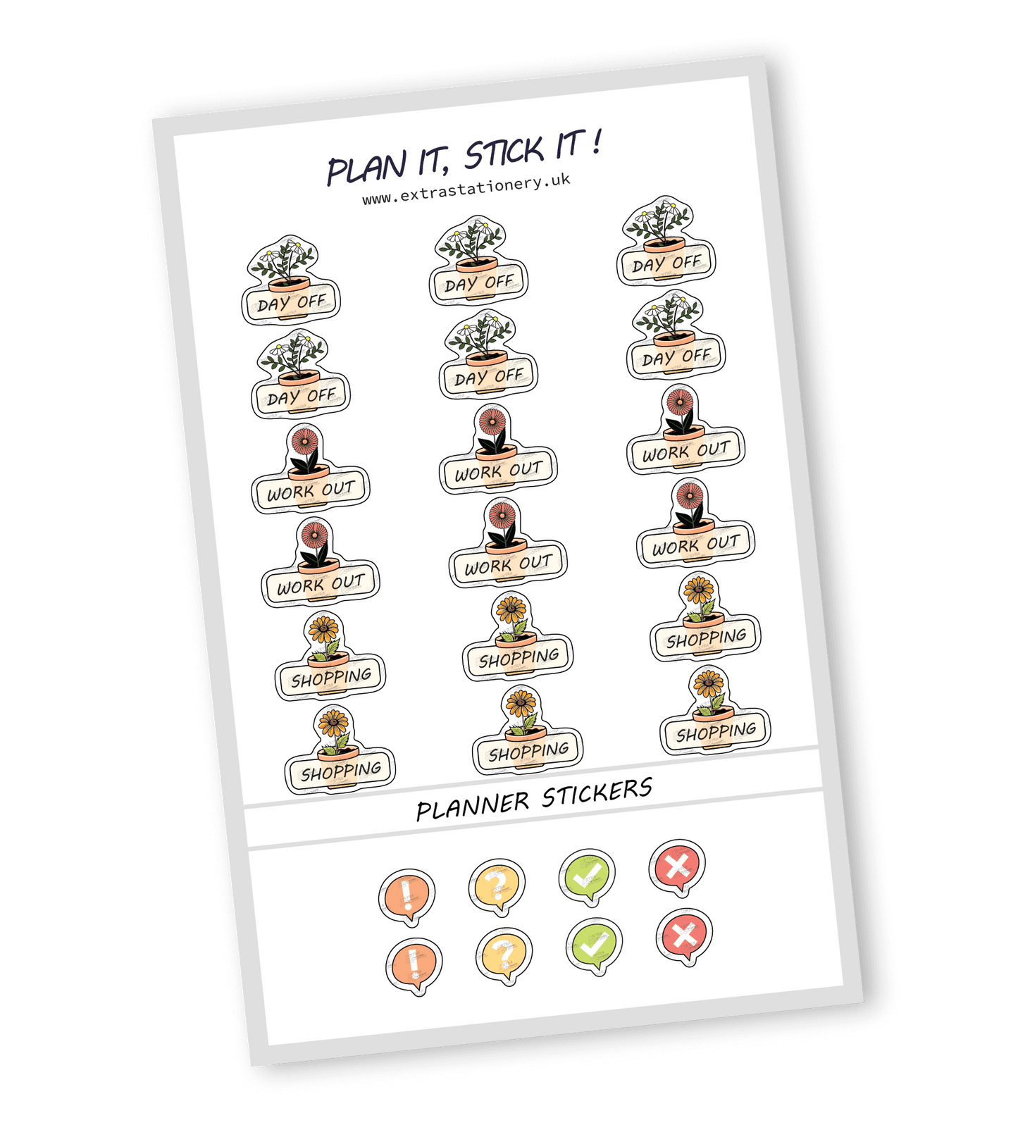 Lifestyle planner sticker sheet with day off, workout, and shopping stickers - 18 stickers in total (6 of each type)