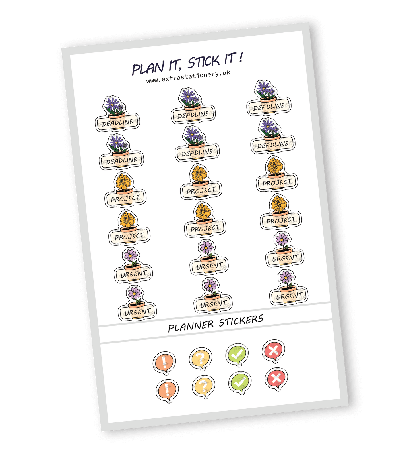 Productivity planner sticker sheet with deadline, project, and urgent stickers - 18 stickers in total (6 of each type)