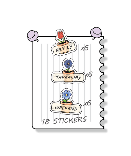 Flowers planner stickers offer a diverse range for personal planning, featuring options for prioritizing quality family moments and activities with family time stickers, convenient meal planning and takeout nights with takeaway stickers, and planning and enjoying leisurely weekends with dedicated weekend planner stickers.