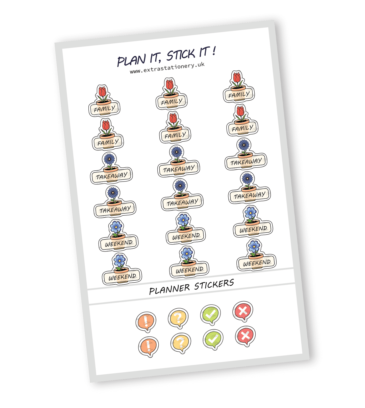 Family and weekend planner sticker sheet with family time, takeaway, and weekend stickers - 18 stickers in total (6 of each type)