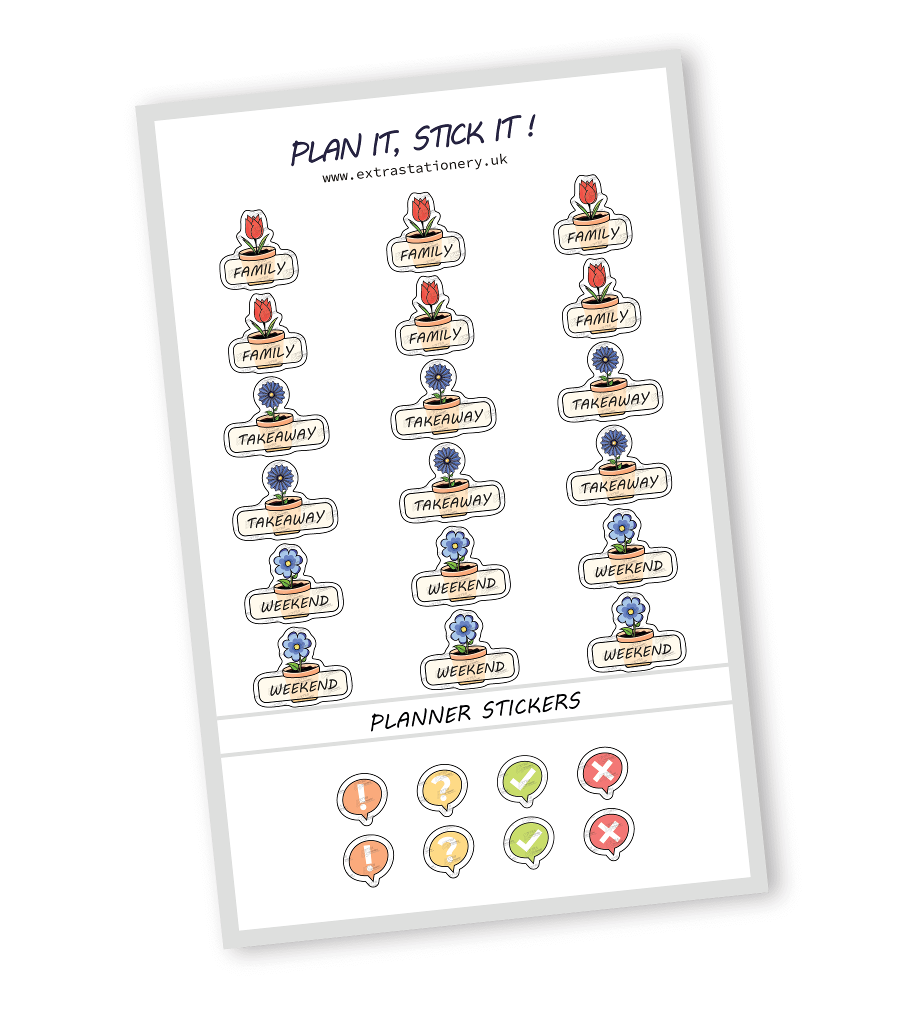 Family and weekend planner sticker sheet with family time, takeaway, and weekend stickers - 18 stickers in total (6 of each type)