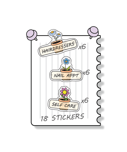 Flowers planner stickers cater to personal care and self-pampering, offering options for scheduling hair appointments and treatments with hairdressers stickers, booking nail care sessions with nail appointment planner stickers, and prioritizing self-care and relaxation with dedicated self-care planner stickers.