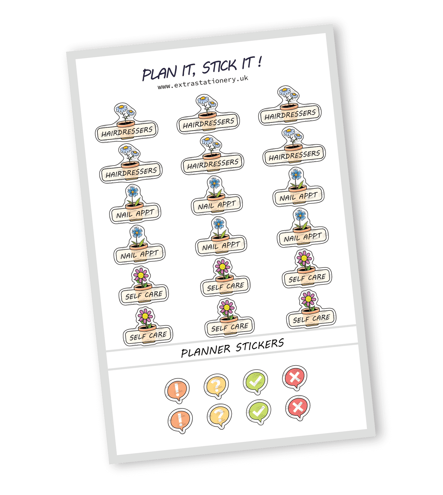 Self-care planner sticker sheet with hairdressers, nail appointment, and self-care stickers - 18 stickers in total (6 of each type)