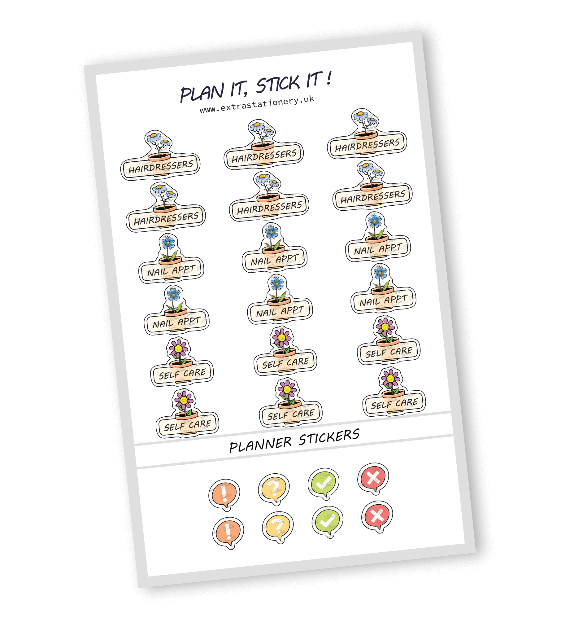 Self-care planner sticker sheet with hairdressers, nail appointment, and self-care stickers - 18 stickers in total (6 of each type)