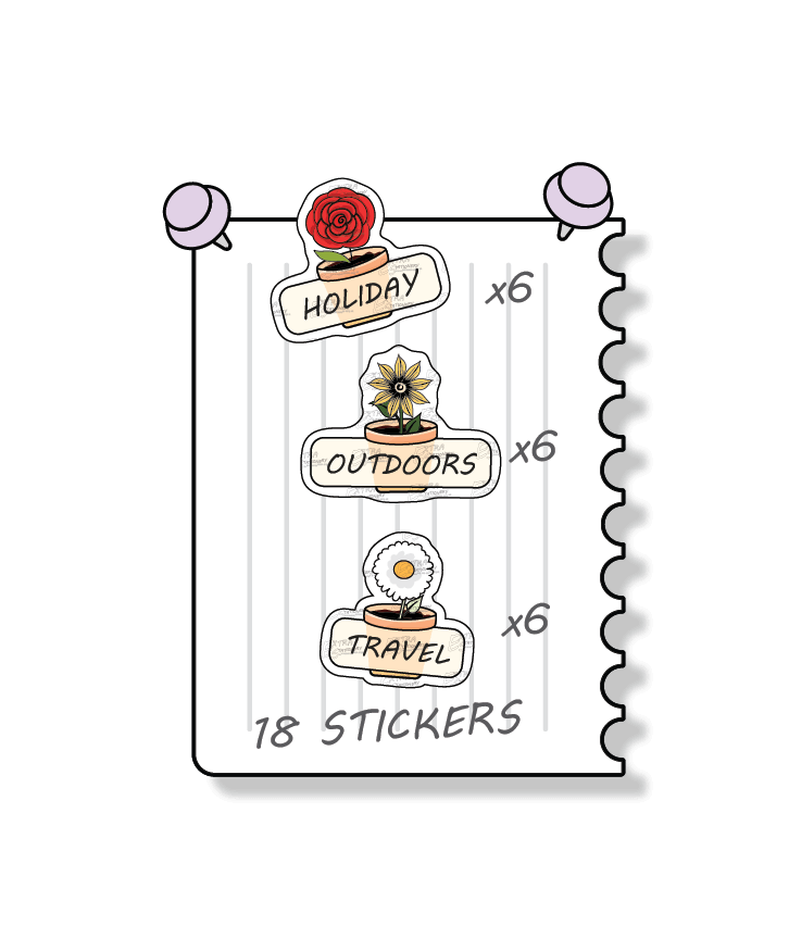 Flowers planner stickers enhance holiday and outdoor experiences, featuring stickers for marking vacation and celebration plans with holiday planner stickers, planning outdoor activities and adventures with outdoors stickers, and efficiently organizing travel plans and itineraries with dedicated travel planner stickers.