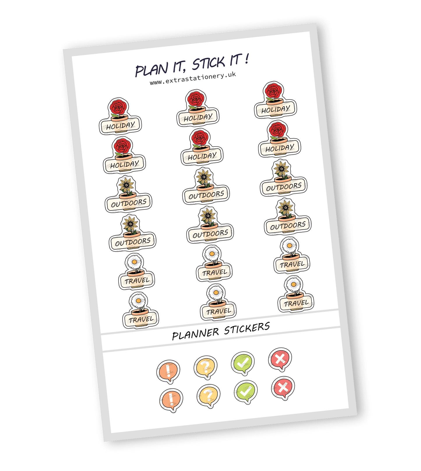 Adventure-themed planner sticker sheet with holiday, outdoors, and travel stickers - 18 stickers in total (6 of each type)