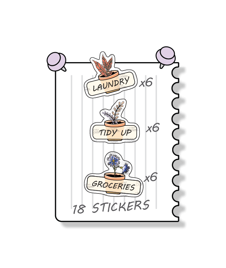 Flowers planner stickers provide practical solutions for household tasks, including managing laundry tasks and routines with laundry stickers, organizing and decluttering spaces with tidy up stickers, and planning and organizing shopping lists for groceries with dedicated planner stickers.