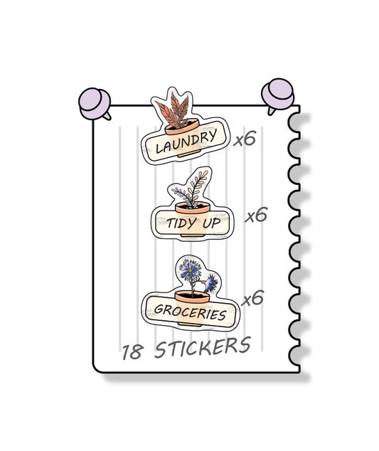 Flowers planner stickers provide practical solutions for household tasks, including managing laundry tasks and routines with laundry stickers, organizing and decluttering spaces with tidy up stickers, and planning and organizing shopping lists for groceries with dedicated planner stickers.