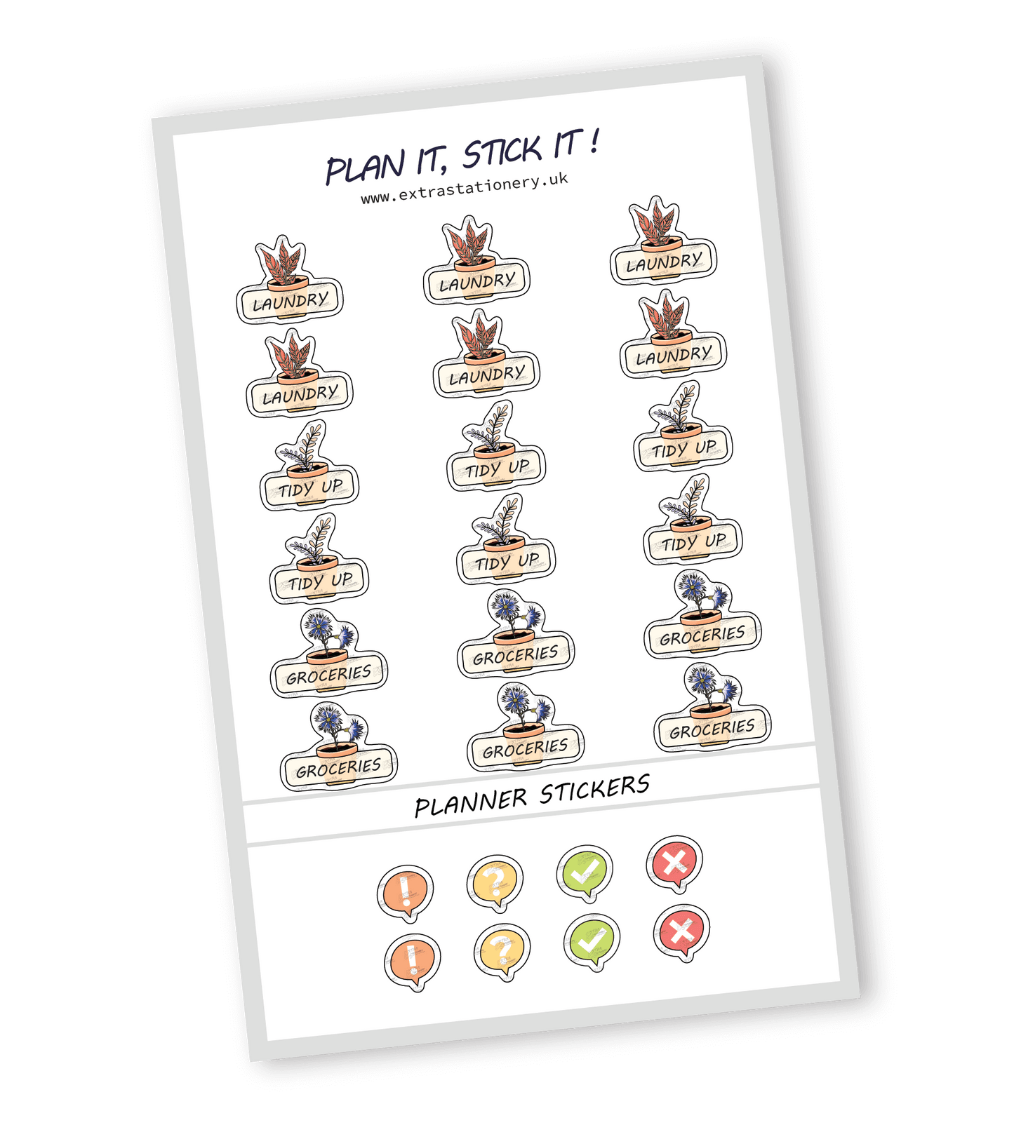 Home organization planner sticker sheet with laundry, tidy up, and groceries stickers - 18 stickers in total (6 of each type)