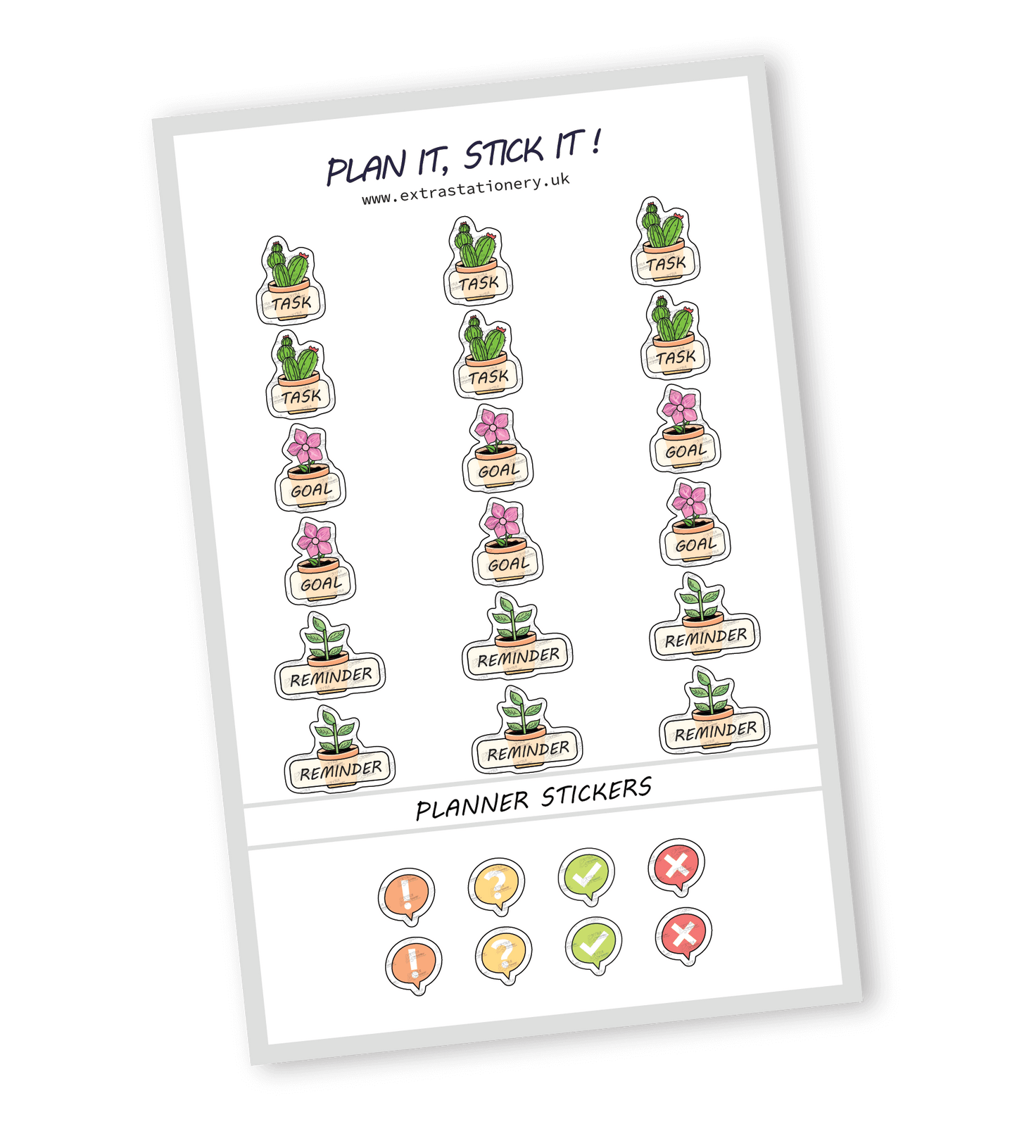 Productivity planner sticker sheet with task, goal, and reminder stickers - 18 stickers in total (6 of each type)