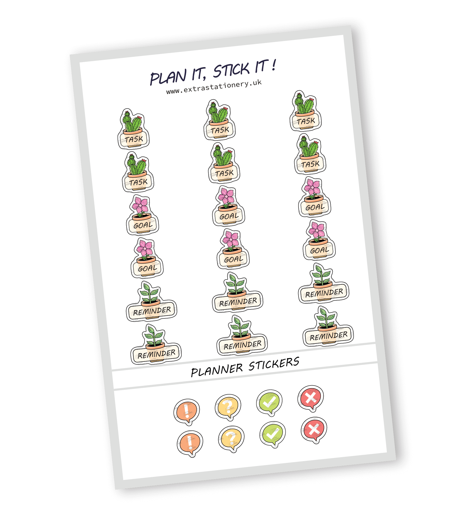 Productivity planner sticker sheet with task, goal, and reminder stickers - 18 stickers in total (6 of each type)