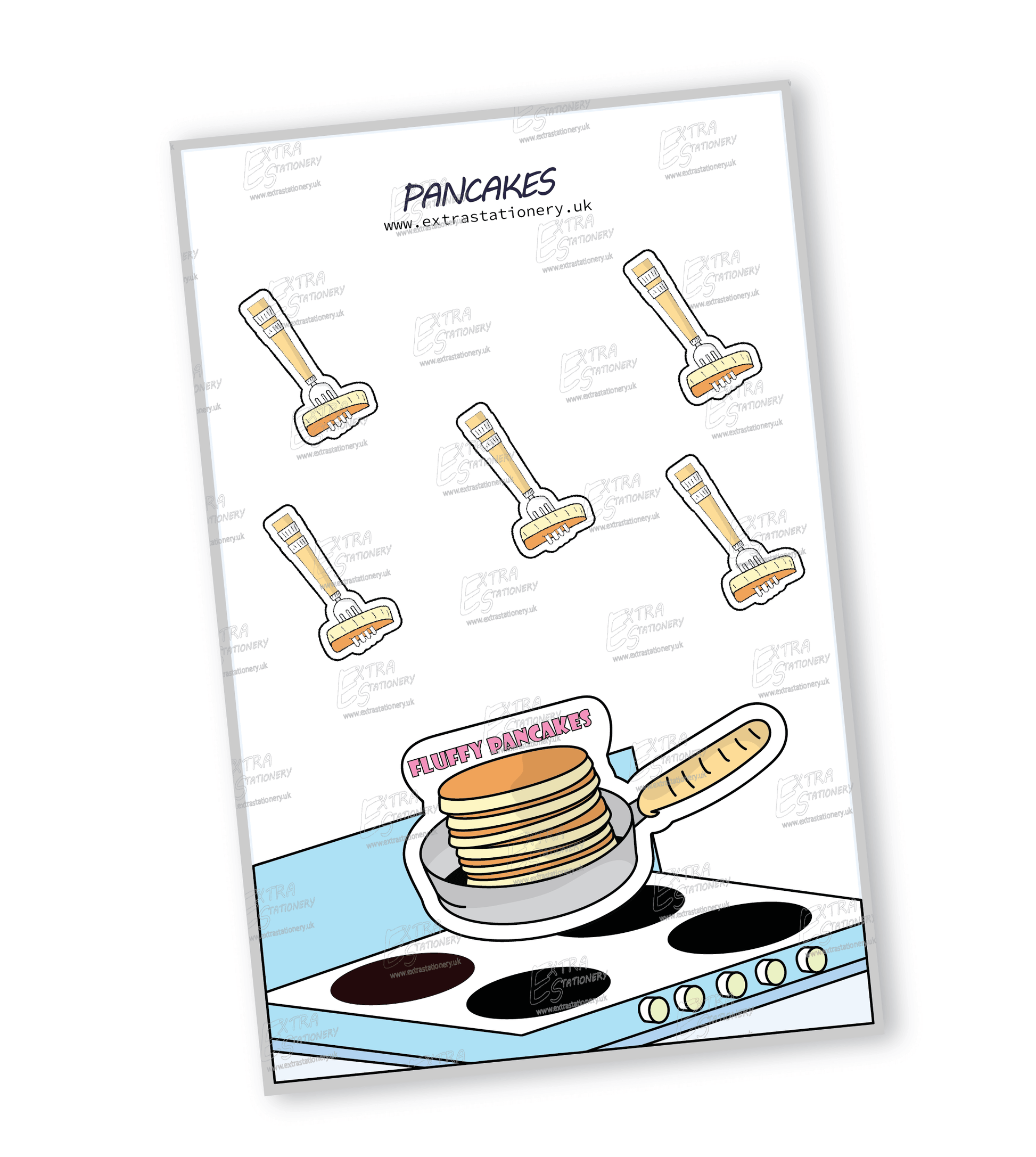 "Sticker of fluffy pancakes cooking on a pan, embodying breakfast bliss and artistic appeal.