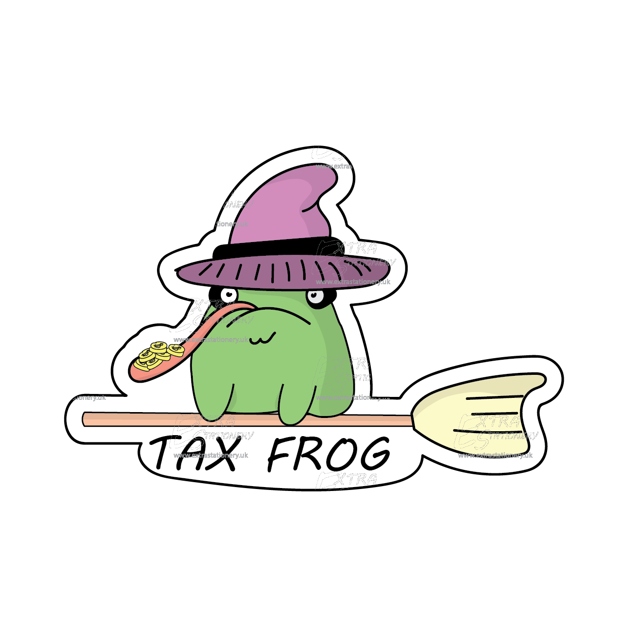 Playful frog on a broomstick with a witch hat, tongue out, and gold coins on its back - sticker