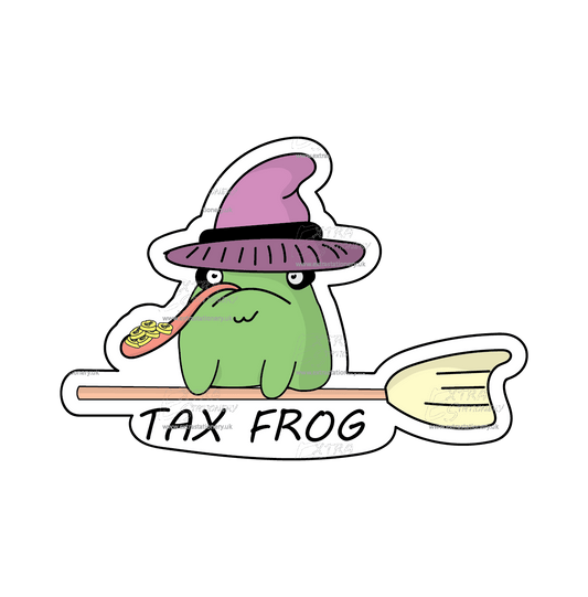 Playful frog on a broomstick with a witch hat, tongue out, and gold coins on its back - sticker