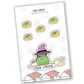 Playful frog on a broomstick with a witch hat, tongue out, and gold coins on its back - sticker