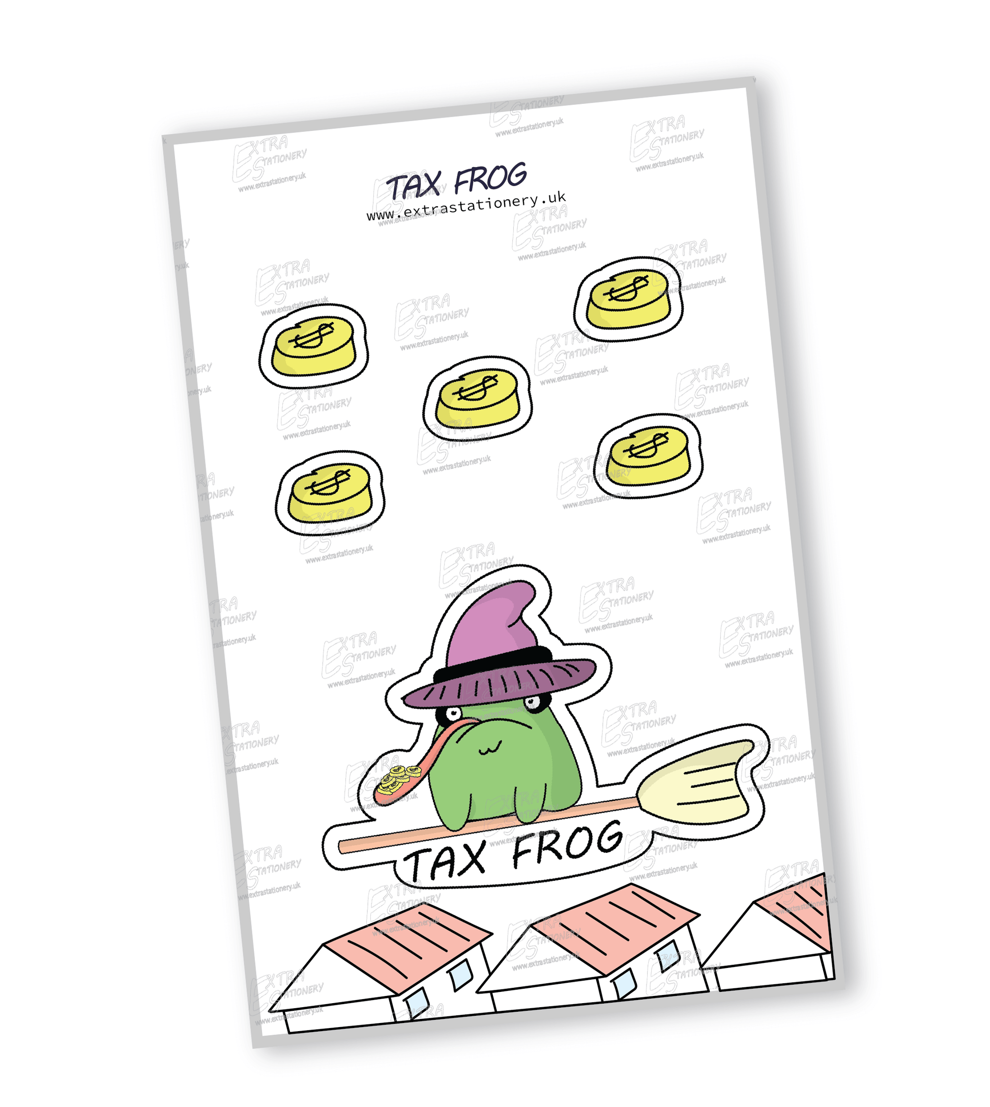 Playful frog on a broomstick with a witch hat, tongue out, and gold coins on its back - sticker