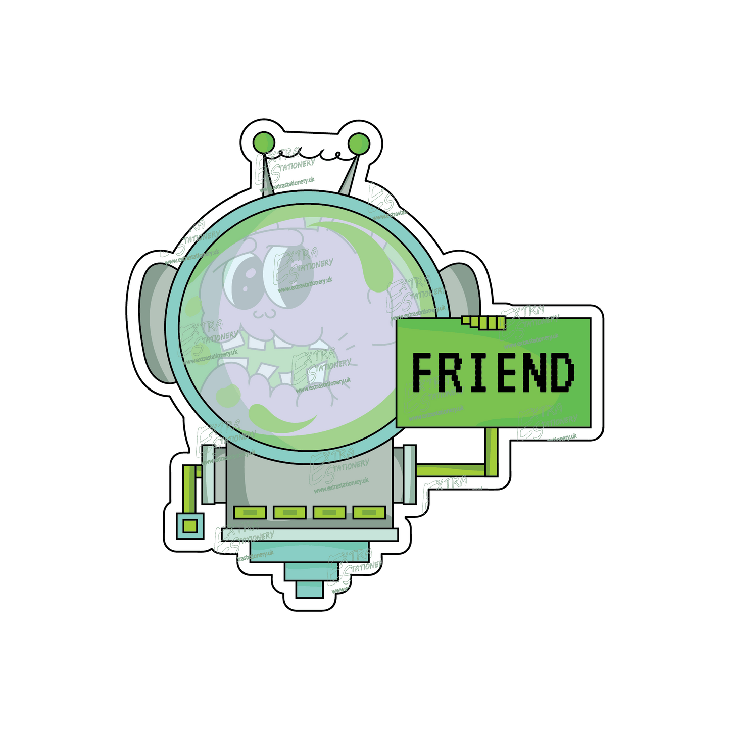 Sticker, an endearing alien species in a space suit holding a 'Friend' sign, exuding a cute and friendly demeanor.