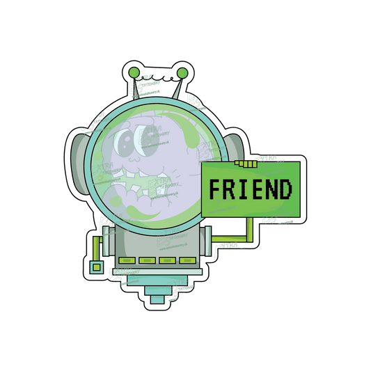 Sticker, an endearing alien species in a space suit holding a 'Friend' sign, exuding a cute and friendly demeanor.